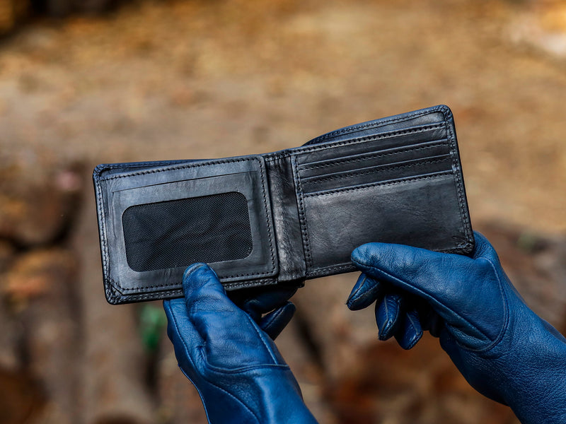 Black Crazy Horse Customized Leather Bifold Minimalist Wallet for Men