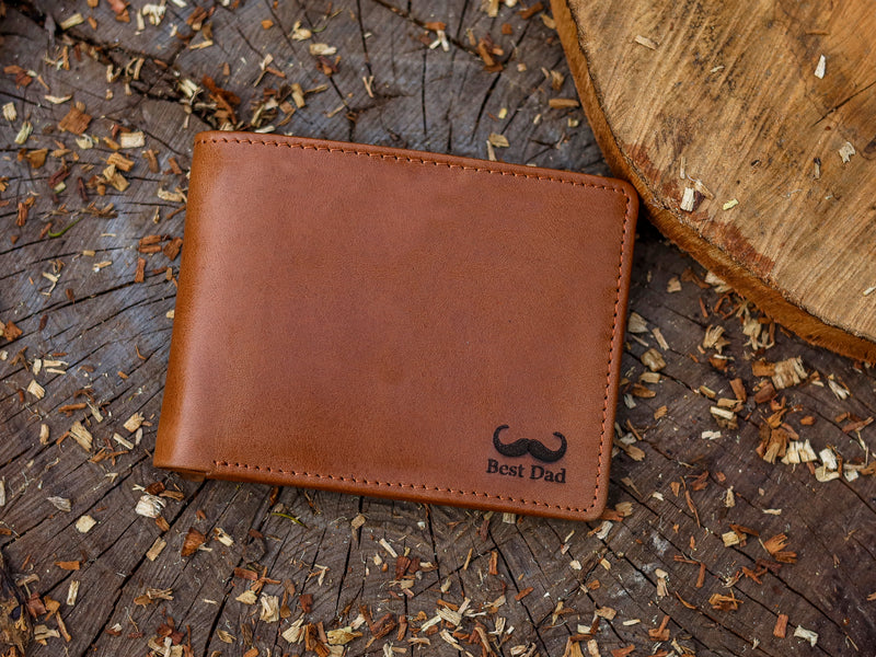 Light Brown Crazy Horse Leather Bifold Wallet – Minimalist Men’s Wallet with 6 Card Slots & 2 ID Windows | Personalized “Best Dad” Gift